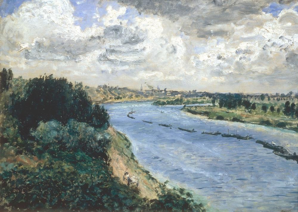Pierre-Auguste Renoir, Chalands sur la Seine (Landschaft, Landschaftsmalerei,  Seine, Fluss, Lastkähne,  Schifffahrt, Impressionismus, klassische Moderne, Wunschgröße, Wohnzimmer, Malerei)