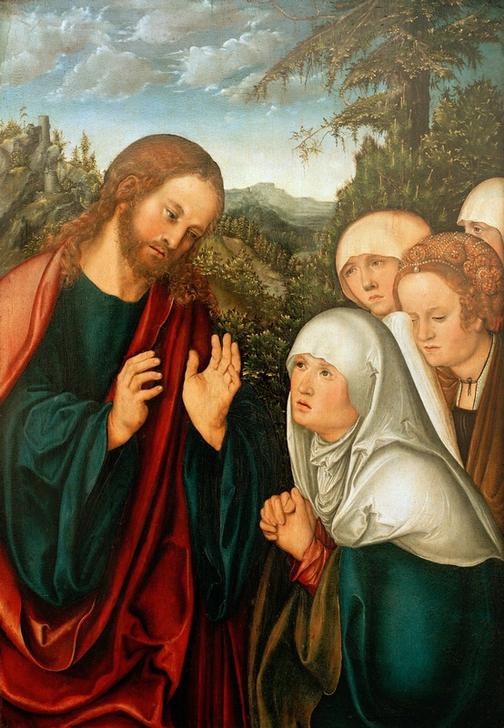 Lucas Cranach der Ältere, Christi nimmt Abschied von seiner Mutter und von seinen Ver (Christentum,  Religion,  Neues Testament, Bibel, Marienleben, Mutter und Sohn, Jesus Christus, Abschied, Klassiker, Renaissance, Wunschgröße, Wohnzimmer,)