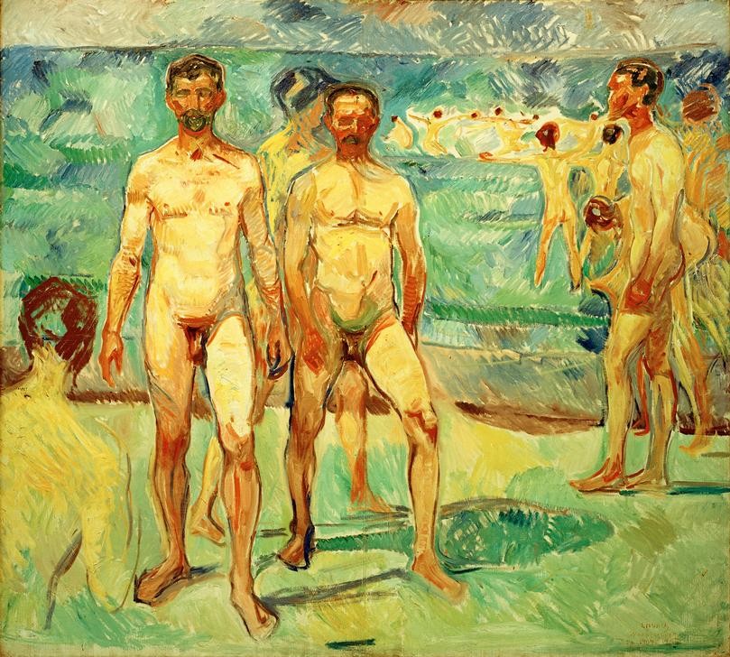 Edvard Munch, Männer am Strand (Freikörperkultur,Mann,Freizeit,Seebad,Strand,Akt,Expressionismus,Reise,Norwegische Kunst)