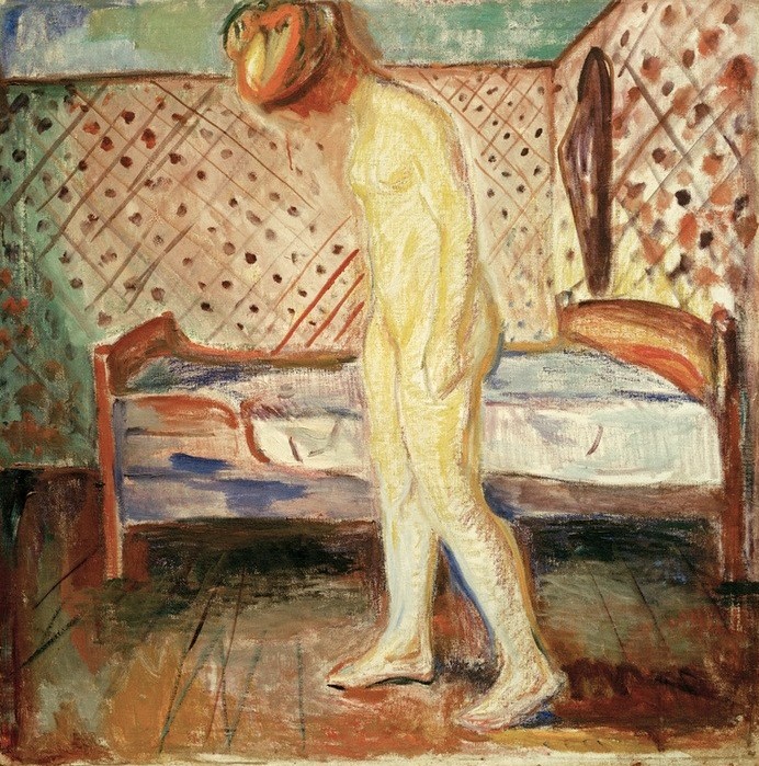 Edvard Munch, Weinender Akt (Bett,Frau,Kunst,Mädchen,Mensch,Psychologie,Schlafzimmer,Akt,Expressionismus,Weinen,Interieur,Norwegische Kunst,Traurigkeit,Junge Frau,Gefühl (Stimmung),Skandinavische Kunst,Ganzfigurig,Negative Stimmungen Und Gefühle)