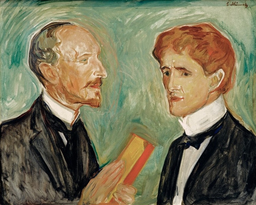Edvard Munch, Albert Kollmann und der dänische Schriftsteller Sten Drewse (Freundschaft (Allgemein),Jugendstil,Kunsthändler,Kunst,Mann,Schriftsteller,Portrait,Expressionismus,Norwegische Kunst,Skandinavische Kunst,Doppelportrait,Person)