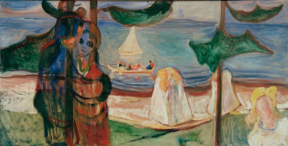 Edvard Munch, Sommertag (Bad Im Freien,Bad,Boot,Jahreszeiten,Kunst,Landschaft,Liebespaar,Mensch,Freizeit,Schiff,Seebad,Sommer,Strand,Urlaub,Meer,Segelboot,Sommerurlaub,Expressionismus,Reise,Norwegische Kunst,Paar,Skandinavische Kunst,Linde-Fries,Signatur,Schifffahrt)