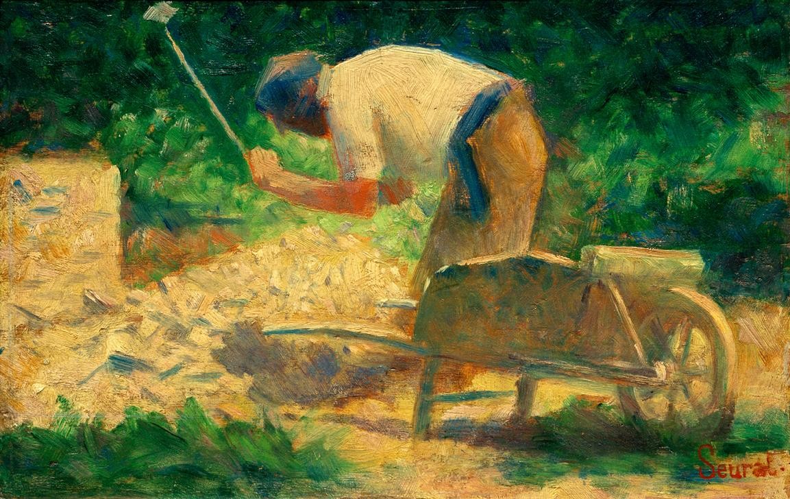 Georges Seurat, Casseur de pierres à la brouette, Le Raincy (Steinklopfer) (Arbeiter, Strassenbau, Steine, Bauarbeiter, Schubkarre, Steineklopfer, Berufe, Bauarbeiten, schuften, Schwerstarbeit, Klassische Moderne, Impressionismus, Wunschgröße, Wohnzimmer, Malerei, bunt)