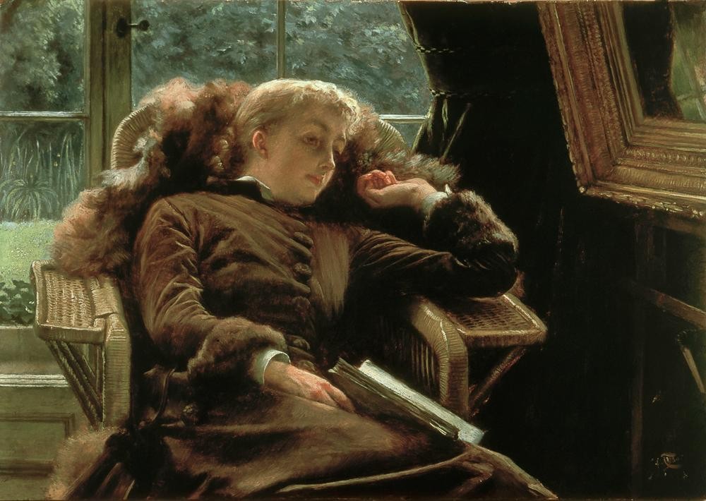 James Tissot (Jacques-Joseph), Reverie: Madame Newton dans sa chaise longue (Buch,Frau,Leser,Literatur,Träumerei (Phantasie),Salonmalerei,Lesen (Allgemein),Englische Kunst,Liegestuhl,Ausruhen,Frauenleben,Nichtstun)