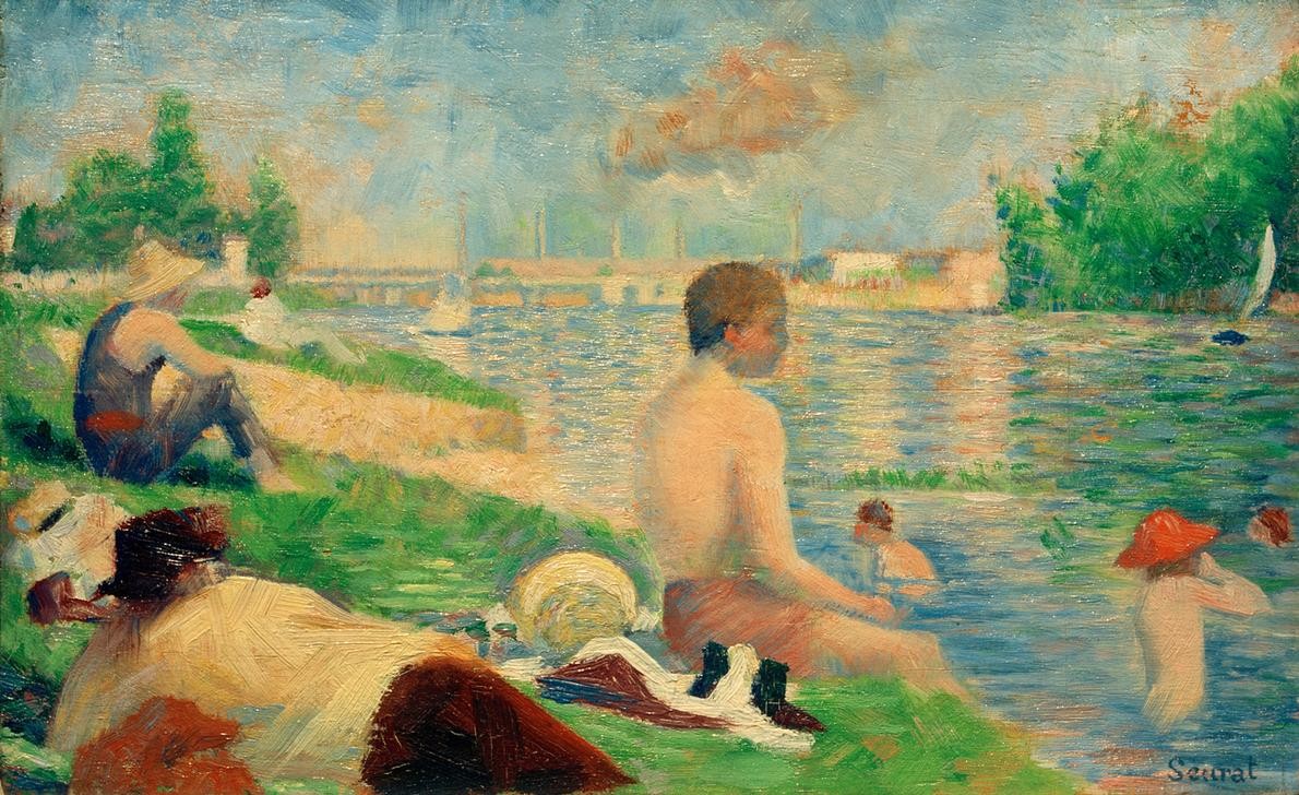 Georges Seurat, Une Baignade, Asnières (Badeplatz Asnières / Finale Studie) (Ausflug,Bad Im Freien,Bad,Herrenmode,Industrie,Kind,Kunst,Landschaft,Mann,Mensch,Mode,Freizeit,Schwimmen,Sport,Stadt,Urlaub,Wasser,Impressionismus,Herr Und Hund,Hund,Fluss,Wiese,Studie,Französische Kunst,Im Freien (Allgemein),Knabe,Sonnenhut,Harmonie,Ufer)