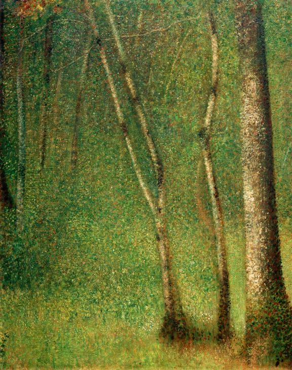 Georges Seurat, Sous-bois à Pontaubert (Wald in Pontaubert) (Kunst,Landschaft,Wald,Impressionismus,Baum,Französische Kunst,Grün,Menschenleere,Baumstamm,Farbe)