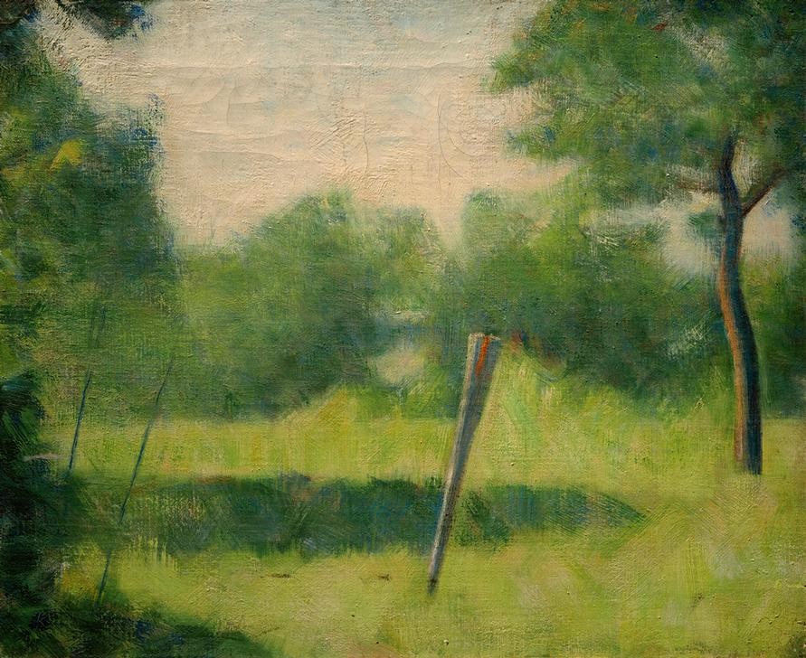 Georges Seurat, Paysage au piquet (Landschaft mit einem Pfahl) (Kunst,Landschaft,Impressionismus,Baum,Französische Kunst,Grün,Menschenleere,Pfahl,Farbe)
