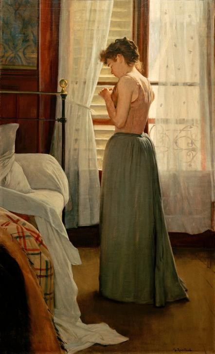 Santiago Rusinol, Interieur mit Frau (Bett,Fenster,Frau,Kunst,Mensch,Schlafzimmer,Wohnung,Portrait,Interieur,Spanische Kunst,Sonnenlicht,Fensterladen,Ganzfigurig,Gardine)