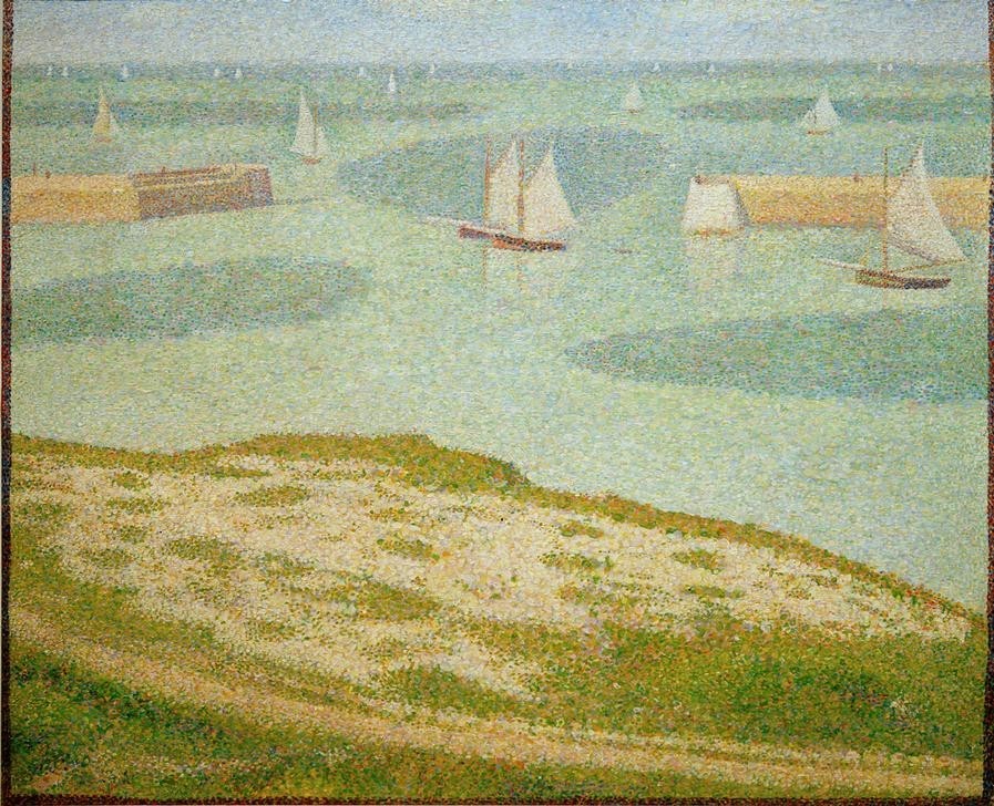 Georges Seurat, Port-en-Bessin, entrée de l’avant-port (Pier, Hafen, Hafeneinfahrt, Meer, Horizont, Meeresbrise, Segelboote, Sommer, Klassische Moderne, Pointillismus, Wunschgröße, Wohnzimmer, Malerei, bunt)
