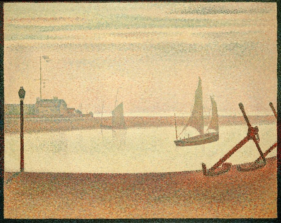 Georges Seurat, Le Chenal de Gravelines: Un Soir (Abend am Kanal v. Gravel.) (Kanal, Küste, Landschaft, Segelschiff, Sonnenuntergang, Abendstimmung, Meer, Anker, Hafen, Klassische Moderne, Pointillismus, Wunschgröße, Wohnzimmer, Malerei, bunt)