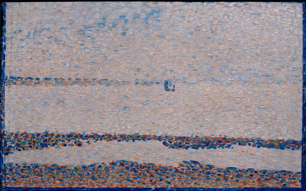 Georges Seurat, La Plage, une barque à Gravelines (Strand bei Gravelines) (Strand, Meer, Segelboot,  Klassische Moderne, Pointillismus, Wunschgröße, Wohnzimmer, Malerei, bunt)