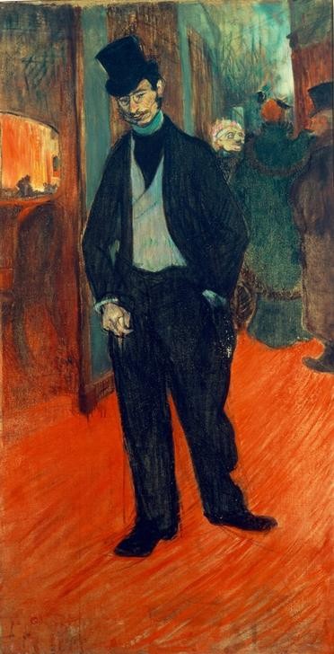 Henri de Toulouse-Lautrec, Le Docteur Tapié de Céleyran dans un couloir de théâtre (Herrenmode,Mann,Mensch,Mode,Theater,Zylinder (Hut),Portrait,Anzug,Französische Kunst,Publikum)