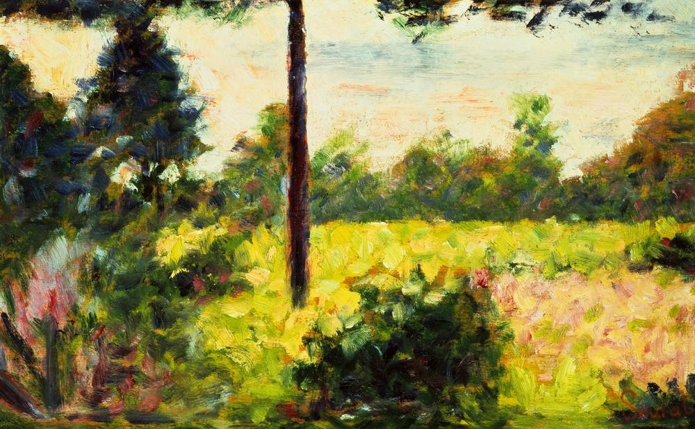 Georges Seurat, Wald bei Barbizon (Landschaft, Wald, Bäume, Pflanzen, Frankreich, Impressionismus,  Klassische Moderne, Wunschgröße, Wohnzimmer, Malerei, bunt)