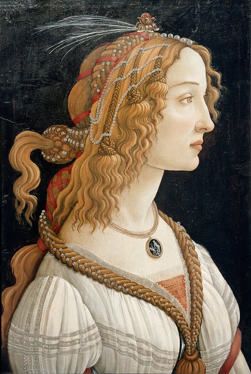 Sandro Botticelli, Weibliches Idealbildnis (Simonetta Vespucci als Nymphe) (Portrait, Profil, Simonetta Vespucci, idealisiert, Schönheit, Flechtfrisur, Haarschmuck, Renaissance, Klassiker, Schlafzimmer, Wohnzimmer, Wunschgröße, bunt)