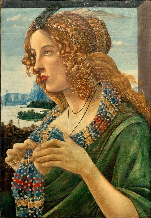 Sandro Botticelli, Allegorisches Bildnis einer Frau (Simonetta Vespucci?) (Portrait, Profil, Simonetta Vespucci, idealisiert, Schönheit, Flechtfrisur, Landschaft, Brust, Muttermilch, Allegorie, Überfluss, Haarschmuck, Renaissance, Klassiker, Schlafzimmer, Wohnzimmer, Wunschgröße, bunt)