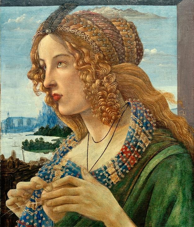 Sandro Botticelli, Allegorisches Bildnis einer Frau (Simonetta Vespucci?) (Portrait, Profil, Simonetta Vespucci, idealisiert, Schönheit, Flechtfrisur, Landschaft, Brust, Muttermilch, Allegorie, Überfluss, Haarschmuck, Renaissance, Klassiker, Schlafzimmer, Wohnzimmer, Wunschgröße, bunt)