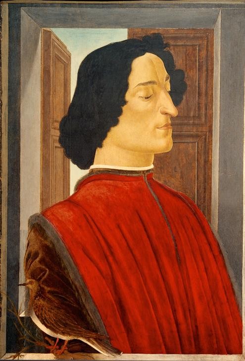 Sandro Botticelli, Bildnis des Giuliano de’ Medici (Portrait, Profil, Adeliger, Fiorentiner, Renaissance, Italien, Medici,Giuliano de Medici, People & Eros, Voel, Turteltaube, Allegorie, Loyalität, Persönlichkeiten, Malerei, Klassiker,  Wunschgröße, Wohnzimmer, bunt)