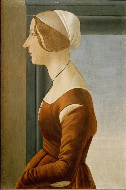 Sandro Botticelli, Bildnis einer Frau (Portrait, Profil, Adelige,  Renaissance, Italien, Frau, Haube, Klassiker, People & Eros, Malerei, Wunschgröße, Wohnzimmer, bunt)