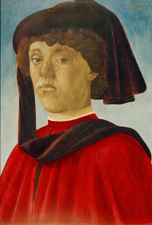 Sandro Botticelli, Bildnis eines Jünglings (Portrait, junger Mann, Jüngling, Herrenhut, Adel, Fiorentiner, Italien, Wunschgröße, Renaissance, Klassiker, Wohnzimmer, bunt)
