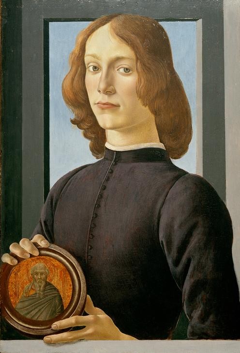 Sandro Botticelli, Bildnis eines jungen Mannes mit Medaillon (Portrait, junger Mann, Jüngling, Heiligenbildnis, Medaillon, Adel, Fiorentiner, Italien, Wunschgröße, Renaissance, Klassiker, Wohnzimmer, bunt)