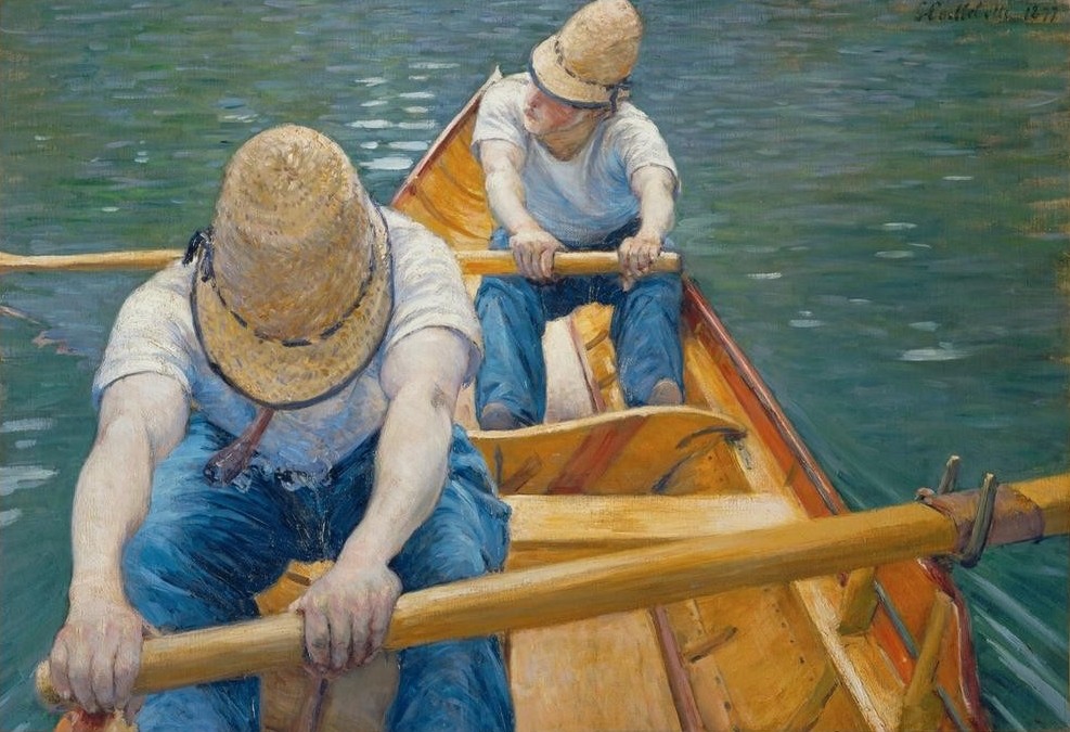 Gustave Caillebotte, Canotiers (Sportler,Boot,Jahreszeiten,Kopfbedeckung,Kunst,Landschaft,Mann,Freizeit,Rudern,Ruderboot,Schiff,Sommer,Sport,Impressionismus,Hut,Fluss,Strohhut,Französische Kunst,Binnenschiffahrt,Sonnenhut,Kleidung (Allgemein),Ruder,Flusschiffahrt,Mütze,Schifffahrt)