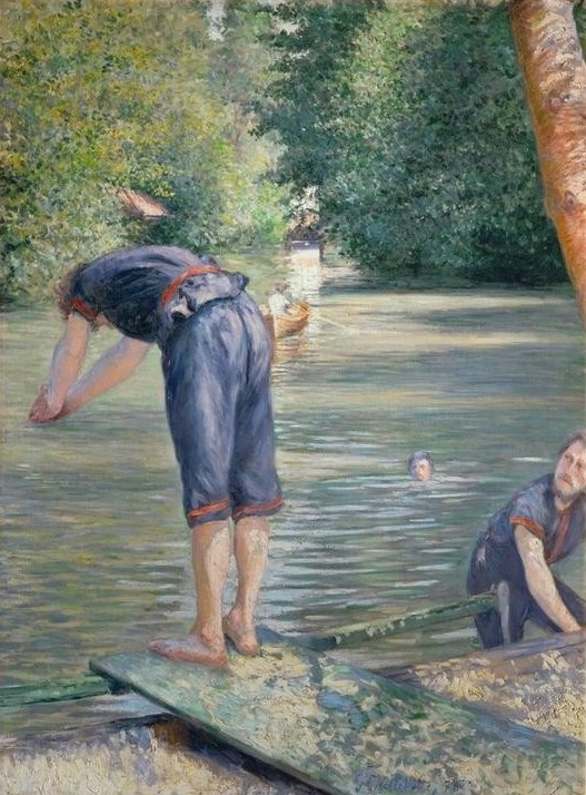Gustave Caillebotte, Baigneurs (Bad Im Freien,Bad,Bademode,Jahreszeiten,Mann,Freizeit,Schwimmen,Sommer,Sport,Wasser,Impressionismus,Fluss,Französische Kunst,Badeanzug,Leben,Kleidung (Allgemein),Kopfsprung,Flussbad,Vier Elemente)
