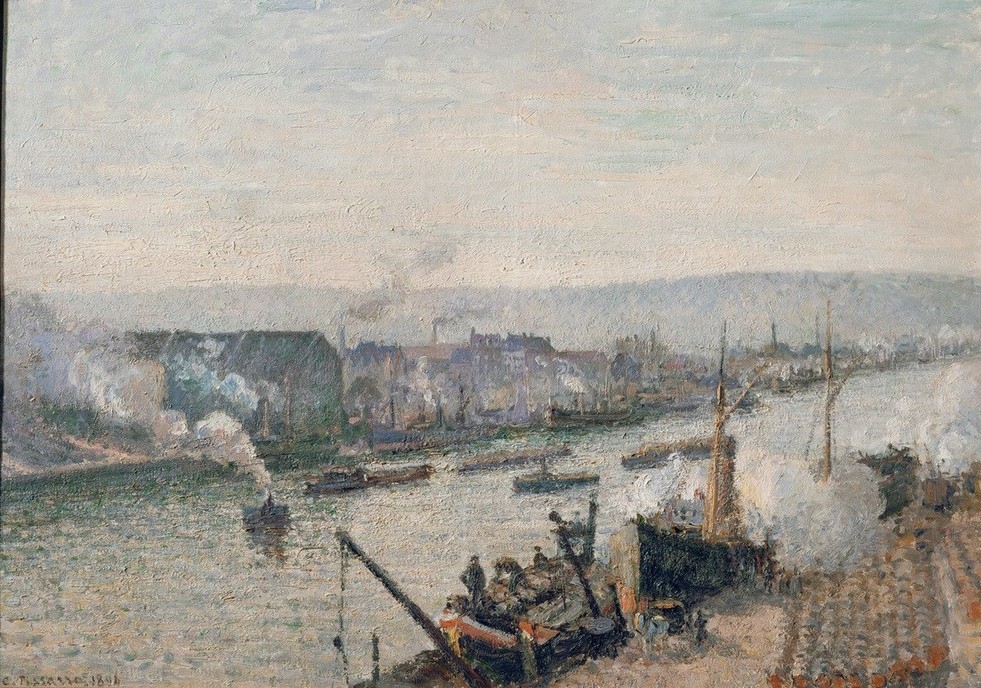 Camille Pissarro, Le Port de Rouen (Boot,Geographie,Hafen,Industrie,Schiff,Vorratswirtschaft,Wasser,Impressionismus,Fluss,Französische Kunst,Rauch,Industrielandschaft,Topographie,Dampf,Schifffahrt,Vier Elemente)