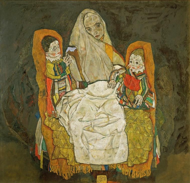 Egon Schiele, Mutter und zwei Kinder III (Familie,Jugendstil,Kind,Liebe,Mensch,Mutter Und Kind,Expressionismus,Österreichische Kunst,Kleidung (Allgemein),Gefühl (Stimmung))