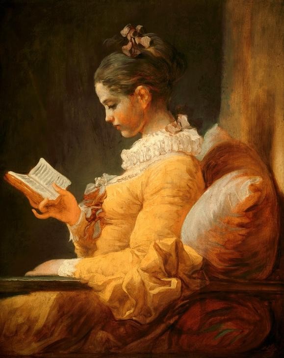 Jean-Honoré Fragonard, La liseuse (Buch, Lesende, junge Frau, Portrait, Profil, Aristokratie, Wohnzimmer, Rokoko, Malerei, Wunschgröße  Klassiker, bunt)