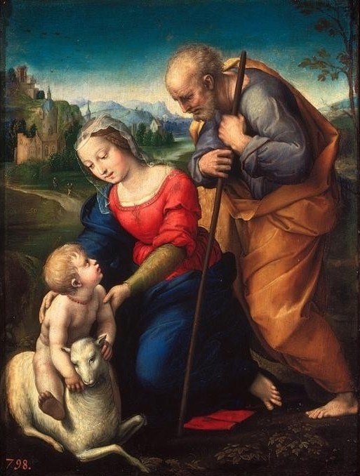 Raffael, Die Heilige Familie mit dem Lamm (Christentum,Religion,Renaissance,Heilige Familie,Maria Mit Kind,Neues Testament,Bibel,Kind Und Tier,Italienische Kunst,Jesusknabe,Lamm)