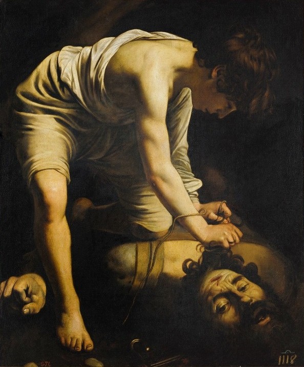 Caravaggio, David besiegt Goliath (Kampf, Steinschleuder, Altes Testament, Bibel, Religion, Hell-Dunkel, Barock, Klassiker, Malerei, Wunschgröße, Wohnzimmer)