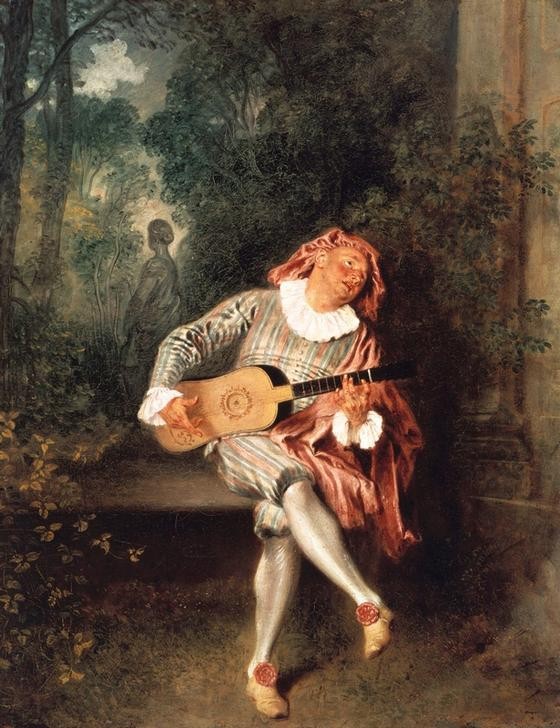Jean-Antoine Watteau, Mezzetin (Garten, Sänger, Gitarre,  Serenade, Mann, Musik, Instrument, Ständchen, Tanz,  Haube, Mode, Rokoko, Wohnzimmer, Klassiker,  Wunschgröße)