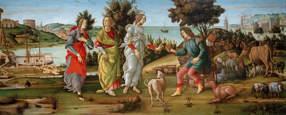 Sandro Botticelli, Das Urteil des Paris (Landschaft, Landschaftsmalerei, Pastorale, Mythologie, Götter, Aphrodite, Athene, Hera, Apfel,  Schönheitswettbewerb, Renaissance, Malerei, Klassiker, Wohnzimmer, Wunschgröße, bunt)