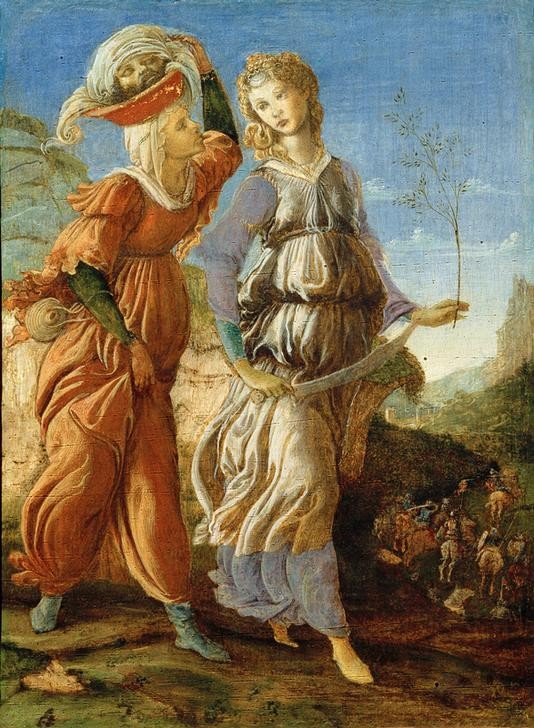 Sandro Botticelli, Judith auf dem Rückweg nach Bethulia (Frauen, Judith, Schwert, Kopf, Holofernes, Magd, Religion, Altes Testament, Bibel, Detail, Renaissance, Klassiker, Wunschgröße, Wohnzimmer, bunt)