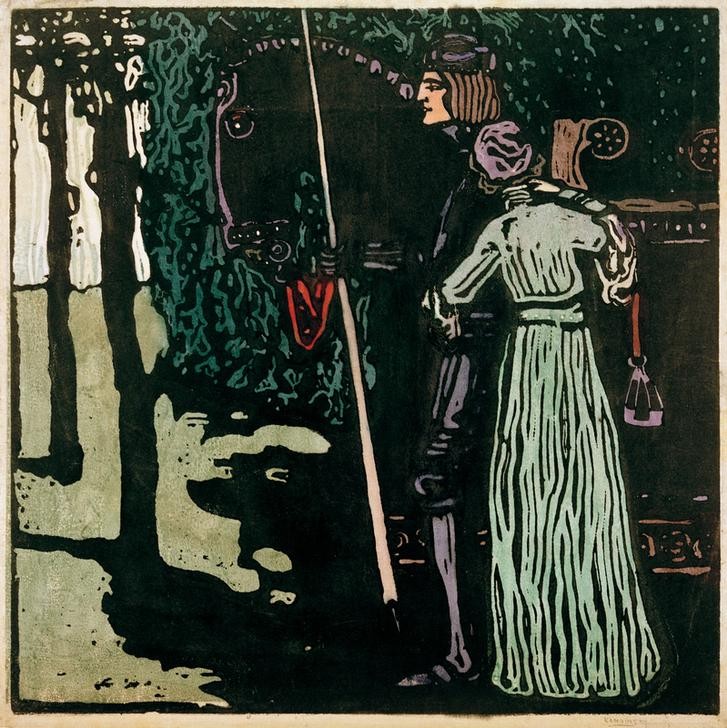 Wassily Kandinsky, Abschied – Grosse Fassung (Abschied (Verabschieden),Bauhaus,Frau,Jugendstil,Kunst,Liebe Und Ehe,Liebespaar,Mann,Mensch,Pferd (Tier),Ritter,Rüstung (Schutzkleidung),Expressionismus,Lanze,Der Blaue Reiter,Russische Kunst,Paar,Tier,Jahrhundertwende)