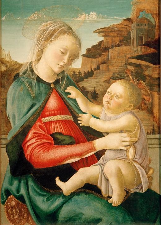 Sandro Botticelli, Maria mit Kind (Madonna Guidi) (Maria, Jesuskind, Mutterliebe, Zärtlichkeit,religiös, Christentum, Landschaft, Felsen, Renaissance, Wunschgröße, Klassiker, Schlafzimmer, Wohnzimmer, bunt)