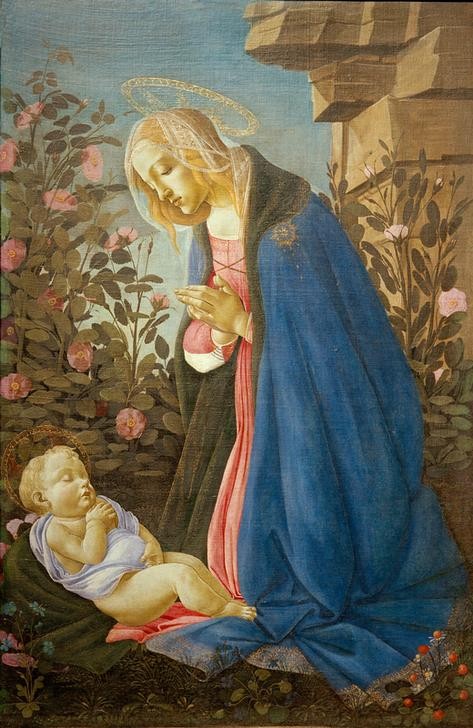 Sandro Botticelli, Anbetung des Kindes (Madonna Wemyss) (Maria, Jesuskind, Mutterliebe, Zärtlichkeit, religiös, Rosenhag, Veilchen, Erdbeeren, Symbolik, Renaissance, Klassiker, Wunschgröße, Schlafzimmer, Wohnzimmer, bunt)