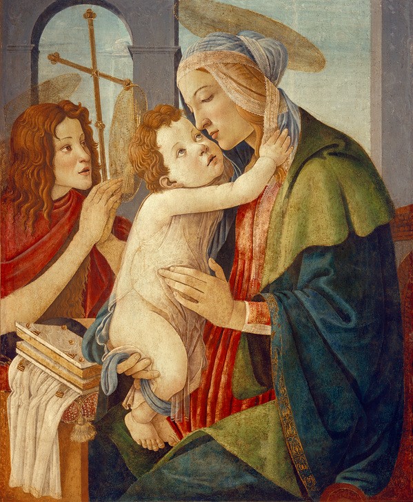 Sandro Botticelli, Madonna mit Kind und dem Johannesknaben (Maria, Jesuskind, Mutterliebe, Zärtlichkeit, Johannes der Täufer, Knabe, religiös, Renaissance, Klassiker, Wunschgröße, Schlafzimmer, Wohnzimmer, bunt)