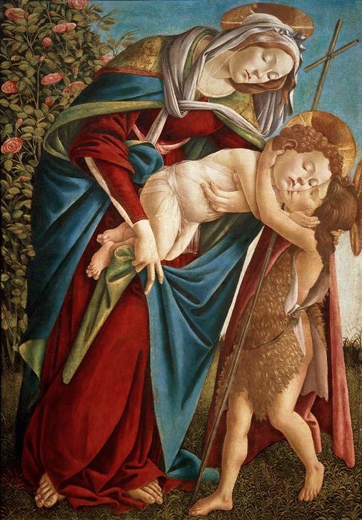 Sandro Botticelli, Madonna mit Kind und dem Johannesknaben (Maria, Jesuskind, Mutterliebe, Zärtlichkeit, Johannes der Täufer, Knabe, religiös, Renaissance, Klassiker, Wunschgröße, Schlafzimmer, Wohnzimmer, bunt)