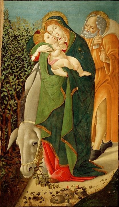 Sandro Botticelli, Flucht nach Ägypten (Heilige Familie, Esel, Flucht, Frührenaissance, Neues Testament, Christentum, religiös, Wunschgröße, Malerei, Klassiker, Wohnzimmer, bunt)