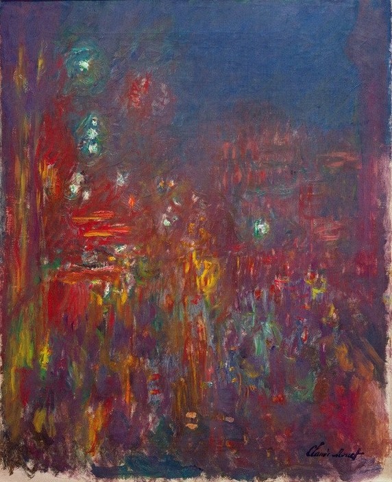 Claude Monet, Leicester Square (Elektrisches Licht,Geographie,Kunst,Licht Und Beleuchtung,Stadt,Strassenszene,Tageszeiten,Abend,Urbanistik,Nacht,Platz,Impressionismus,Grossstadt,Stadtansicht,Französische Kunst,Ansicht,Strassenbeleuchtung,Jahrhundertwende,Topographie,Farbigkeit,Signatur,)