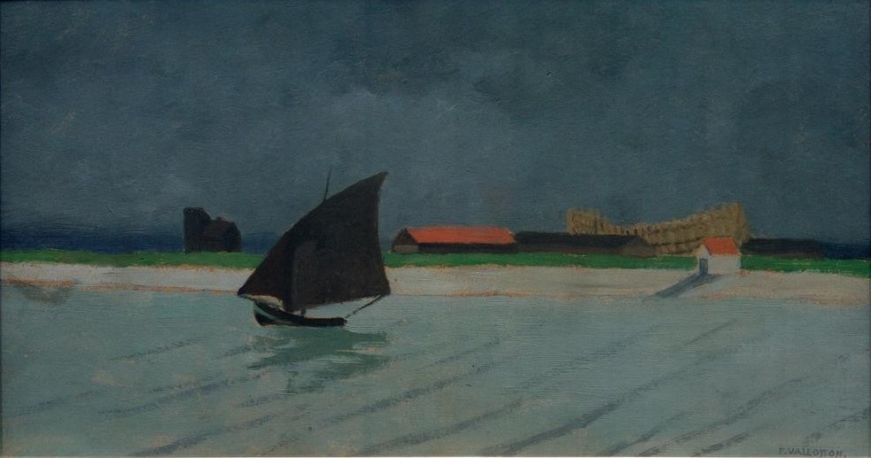 Felix Vallotton, Die Seine-Mündung (Seestück) (Boot,Geographie,Küste,Kunst,Landschaft,Schiff,Strand,Wasser,Meer,Segelboot,Fluss,Marinemalerei,Französische Kunst,Schweizerische Kunst,Ufer,Nabis,Jahrhundertwende,Mündung,Topographie,Signatur,Schifffahrt)