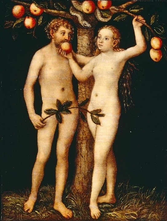 Lucas Cranach der Ältere, Adam und Eva (Sündenfall, Paradies, Garten Eden, Adam und Eva, Erstes Menschenpaar, Akt, Baum der Erkenntnis, Apfelbaum, Schlange, Klassiker, Renaissance, Wunschgröße, Wohnzimmer,)