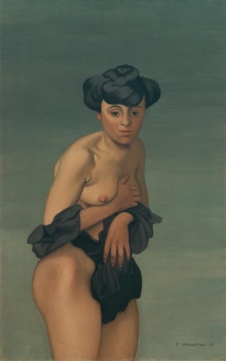 Felix Vallotton, L’Hiver (Frau,Jahreszeiten,Kunst,Winter,Akt,Allegorie,Frieren,Französische Kunst,Schweizerische Kunst,Haarknoten,Nabis,Kälte,Schwarze Haare,Kniestück,Tuch)