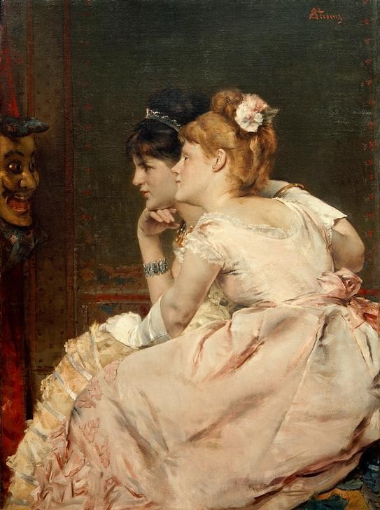Alfred  Stevens, Die japanische Maske (Damenmode,Frau,Handschuh,Kunst,Mantel,Mensch,Mode,Schmuck,Realismus,Portrait,Ballkleid,Abendkleid,Französische Kunst,Belgische Kunst,Kleid,Diadem,Exotik,Japanmode,Kleidung (Allgemein),Frauenleben,Betrachten,Profil,Armband,Blume,Sitzen,Junge Frau,Doppelpor)