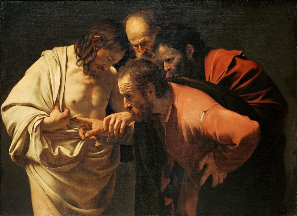 Caravaggio, Der ungläubige Thomas (Christus, Jünger, Ungläubig, Wunde, Prüfen, Christentum, Religion, Neues Testament, Bibel, Hell-Dunkel, Barock, Klassiker, Malerei, Wunschgröße, Wohnzimmer)
