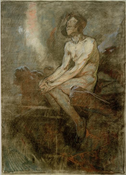 Alfons Mucha, Männlicher Akt auf einem Felsen sitzend  (Mensch und Gesellschaft)