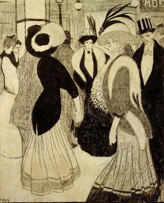 Juan Gris, L’enlèvement (Damenhüte, Damenmode, Frauen,  Gesellschaft, Gruppenbild, Karikatur, Strassenszene,  Grossstadt, Wohlstand,  Zeichnung,  Klassische Moderne,  Wohnzimmer, Wunschgröße, bunt)
