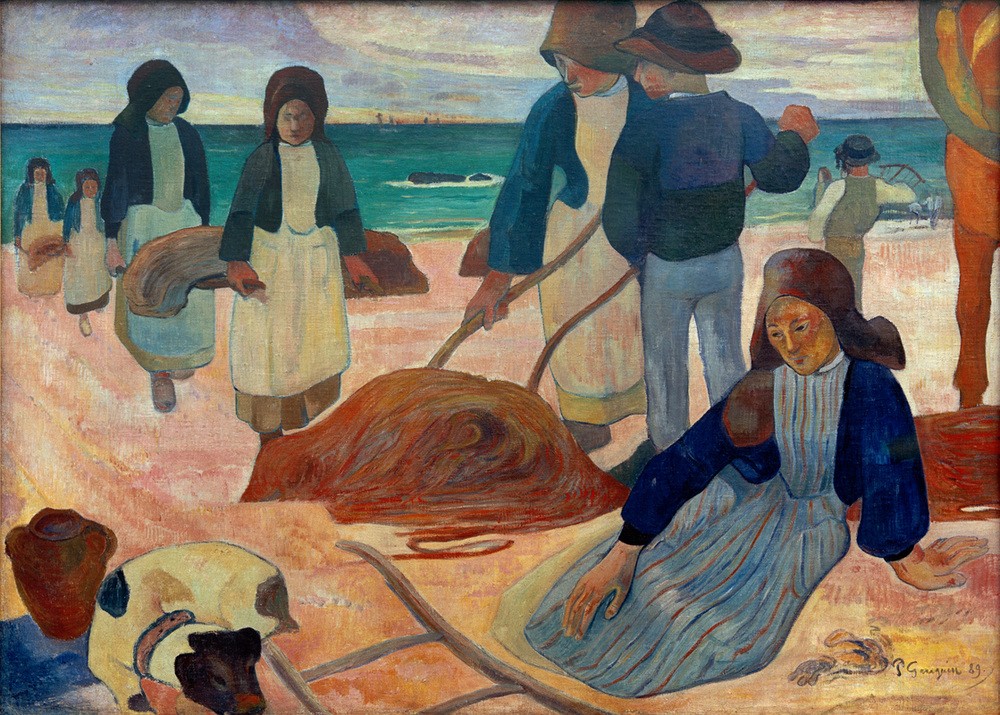 Paul Gauguin, Ramasseuses de varech II (Bretonische Tangsammlerinnen II) (Arbeit,Frau,Küste,Kunst,Landschaft,Mensch,Strand,Tracht,Volkskunde,Meer,Französische Kunst,Kleidung (Allgemein),Frauenleben,Frauenarbeit,Landbevölkerung,Synthetismus,Tang,Schule Von Pont-Aven,Tangsammler,Tangsammlerin,Land Und Leute,Signatur)