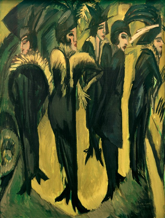 Ernst Ludwig Kirchner, Fünf Frauen auf der Straße (Damenhut,Damenmode,Deutsche Kunst,Frau,Gruppenbild,Handel,Kopfbedeckung,Kunst,Mensch,Mode,Schaufenster,Stadt,Strasse (Allgemein),Strassenszene,Szene,Verkehr,Handel Und Gewerbe,Hut,Grossstadt,Expressionismus,Bürgertum,Die Brücke,Einkauf,Eleganz,Kleidung (A)